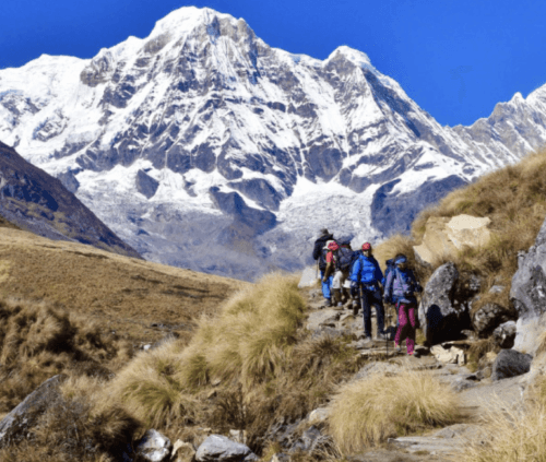group trekking towards a snowy mountain